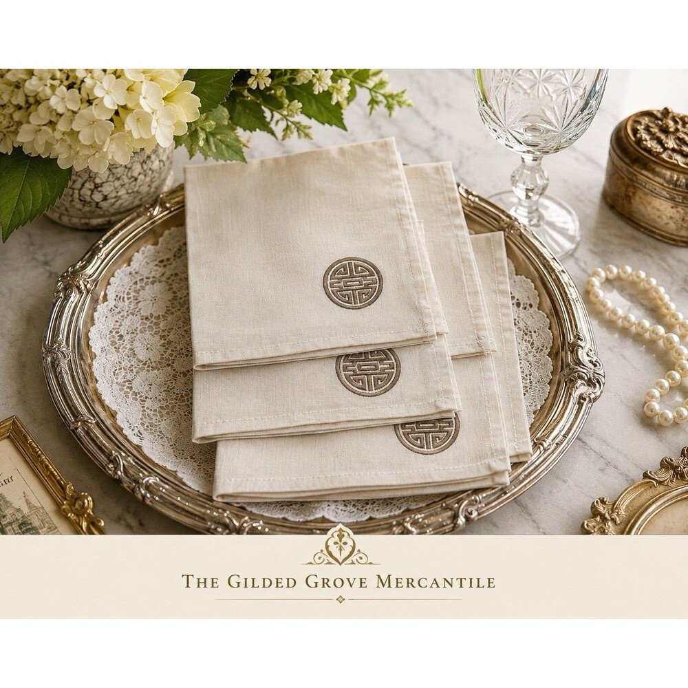 Vintage Linen Napkins Set Asian Longevity Embroidered Medallion Beige 15”